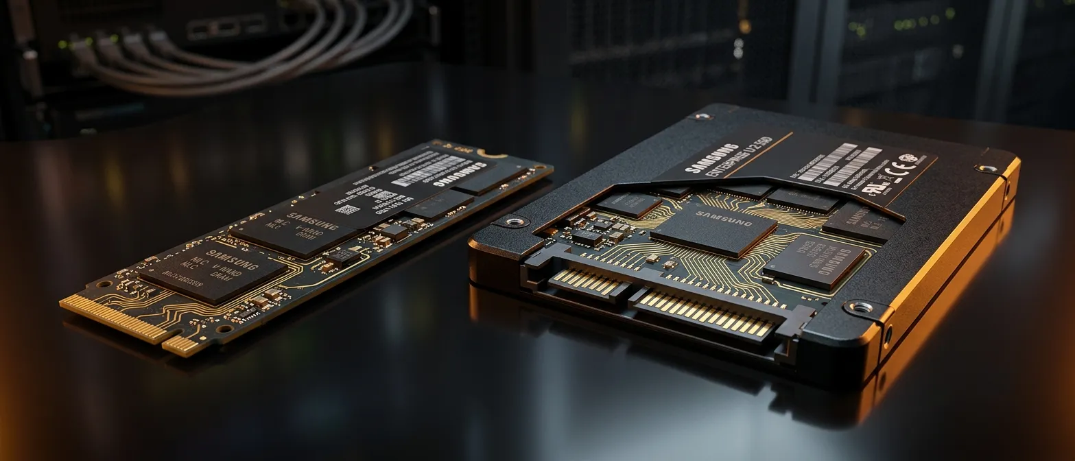 Samsung enterprise NVMe SSD and M.2 drive on dark surface