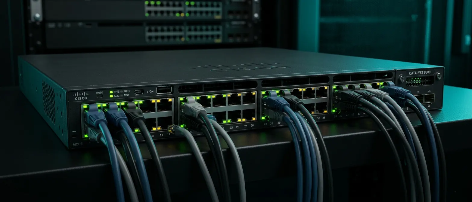 Cisco managed network switch with ethernet ports and LED indicators