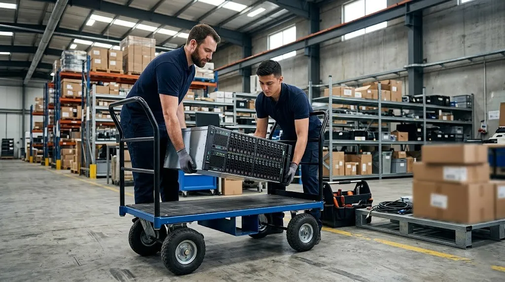 Excel Recycling team collecting a decommissioned enterprise storage array from a Dubai datacenter — free pickup across UAE